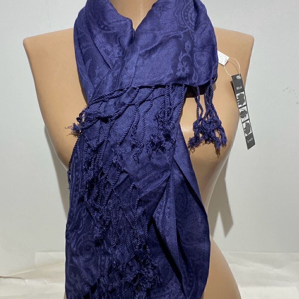 Bijoux Terner Purple Jacquard Paisley Poncho Scarf 3-Way Wear‎ Viscose Fringe